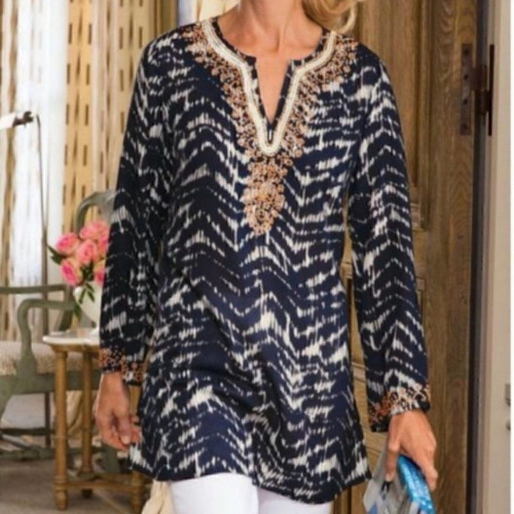 Soft Surroundings Akira Beaded Tunic Ikat Batik Medium